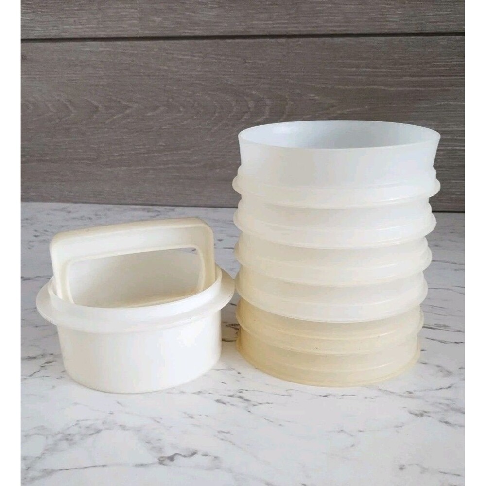 Vintage Tupperware Set of 6 Hamburger Keepers #882 & Patty Press Ring No Lid